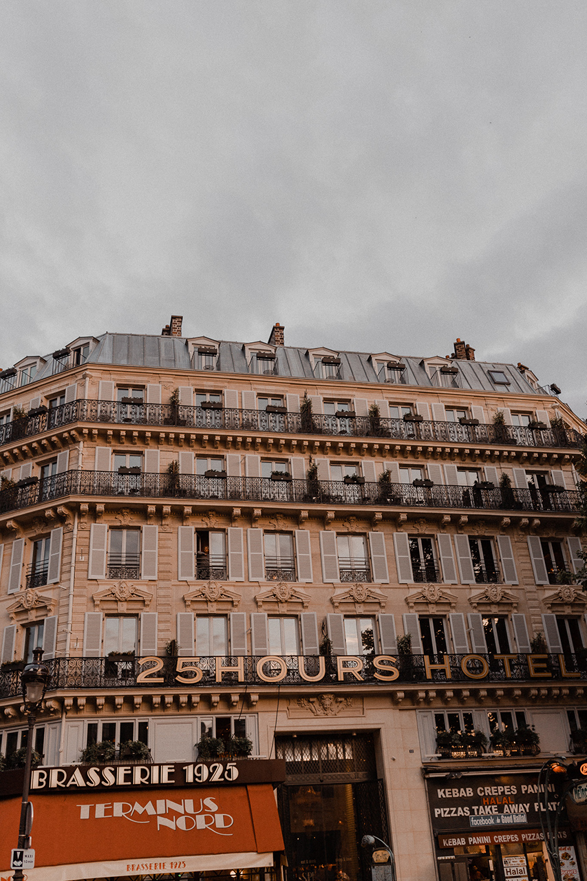 The outside of the 25 hours hotel Terminus Nord in Paris, located right across Gare Du Nord in the 10th arrondisement