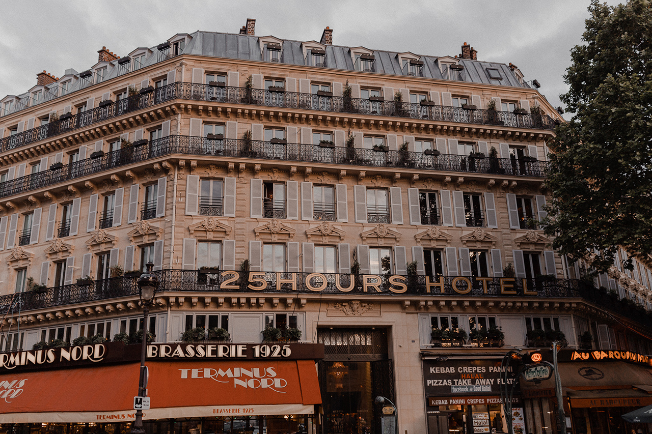 Front of the 25 hours hotel Terminus Nord located in Paris